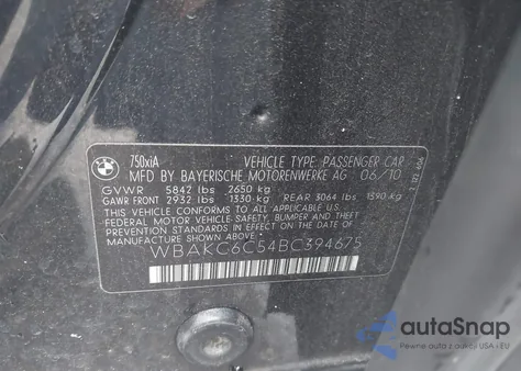 2011 BMW 750I xDrive из США, поврежденный, VIN WBAKC6C54BC394675